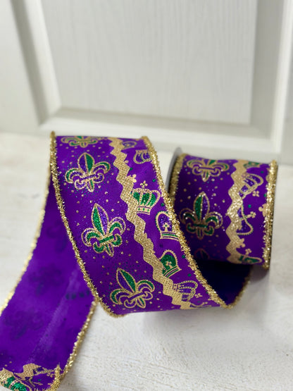 4 Inch By 10 Yard 3 In 1 Glittered Fleur De Lis Ribbon