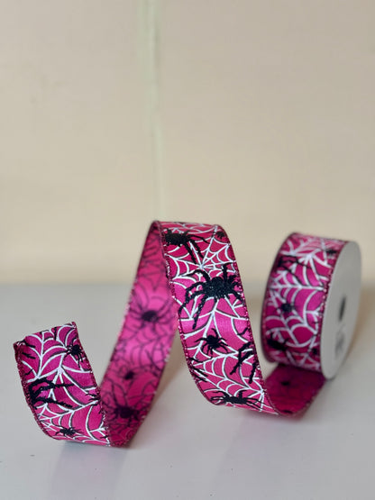 1.5 Inch By 10 Yard Fuchsia Spider And Spider Web Ribbon