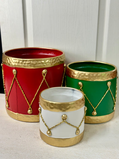 Metal Red White And Green Set Of Three Drum Containers