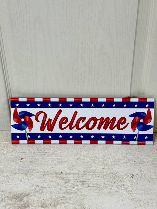 15 Inch Long Red White And Blue Welcome Pinwheel Wooden Sign