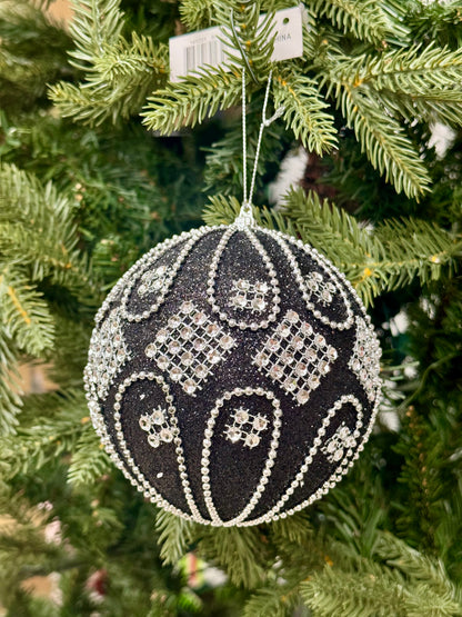 5 Inch Black And Silver Beaded Ornament Ball