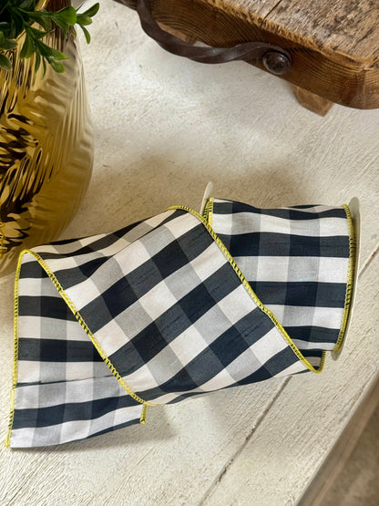 4 Inch By 10 Yard Black And White Gingham With Yellow Edging Ribbon