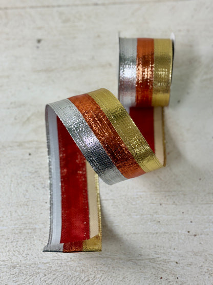 2.5 Inch By 10 Yard Silver Copper And Gold Striped Metallic Ribbon