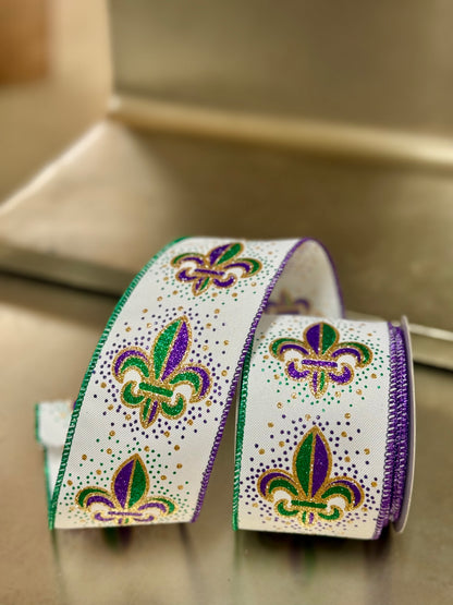 2.5 Inch By 10 Yard Fleur De Lis White Background Ribbon