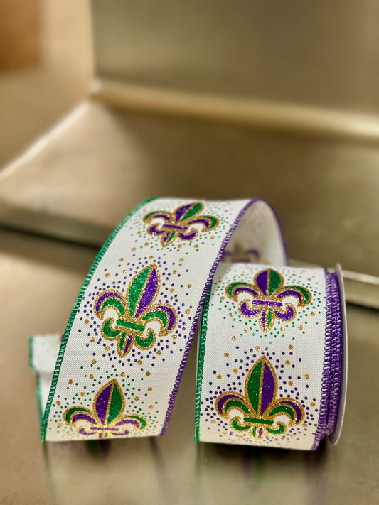 2.5 Inch By 10 Yard Fleur De Lis White Background Ribbon