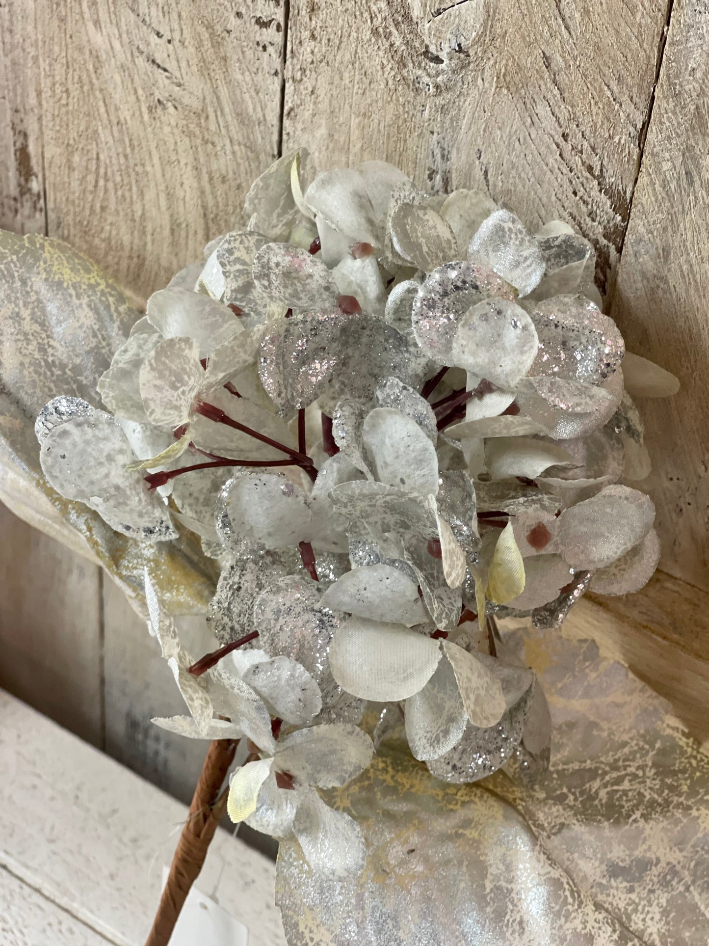12 Inch White And Silver Hydrangea Pick