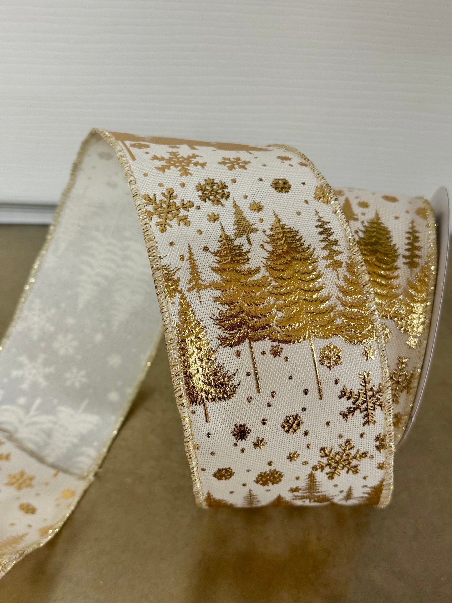 2.5 Inch By 10 Yard Dark Cream And Gold Pine Trees And Snowflakes Ribbon