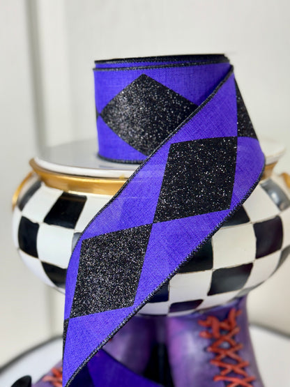 2.5 Inch By 10 Yard Black And Purple Bold Harlequin Ribbon