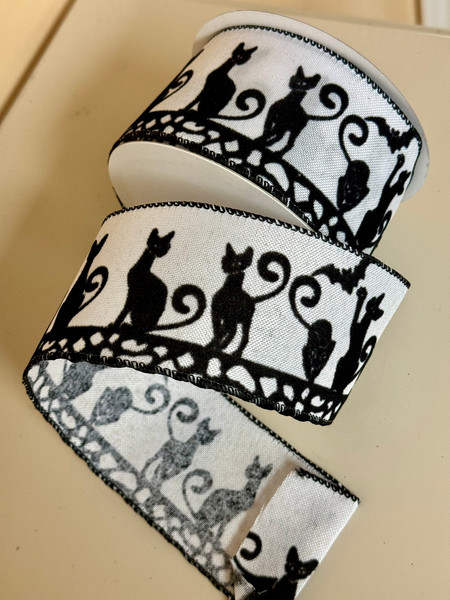 2.5 Inch White With Black Cats And Bats Ribbon