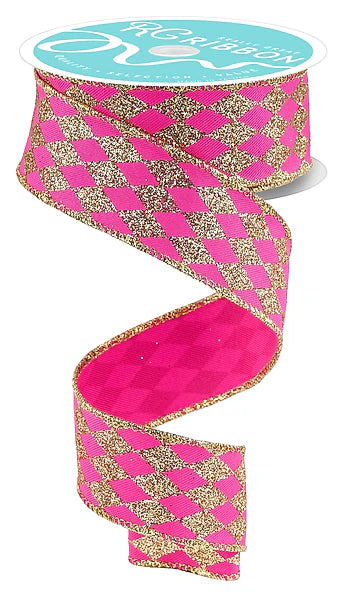 1.5 Inch By 10 Yard Fuchsia And Gold Glitter Harlequin Ribbon