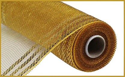 10 Inch By 10 Yard Brown And Gold Border Stripe Metallic Mesh