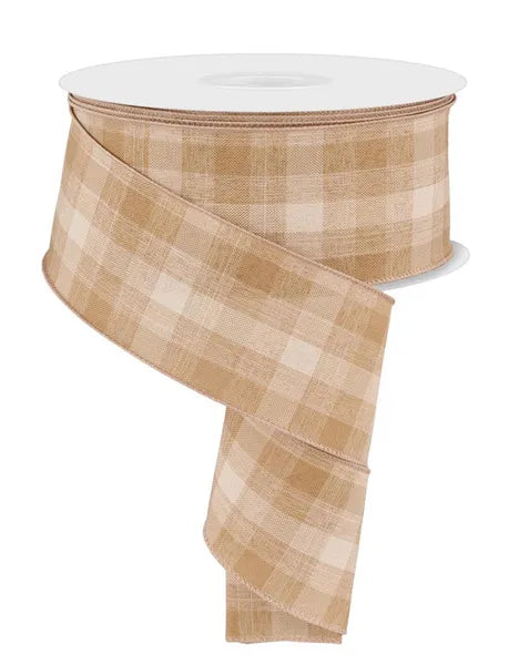 2.5 Inch By 50 Yard Beige And Natural Woven Plaid Ribbon