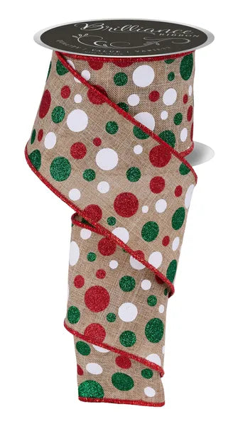 2.5 Inch By 10 Yard Beige White Emerald And Red Polka Dot Ribbon