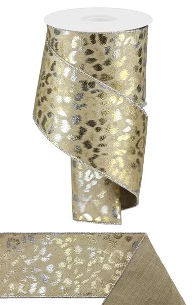 4 Inch By 10 Yard Light Brown Silver And Gold Velvet Metallic Animal Spots Ribbon