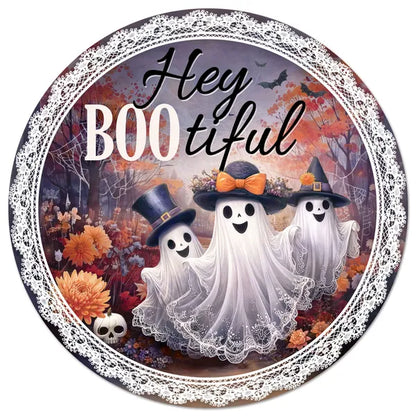 12 Inch Hey Boo-tiful With Ghosts Metal Sign