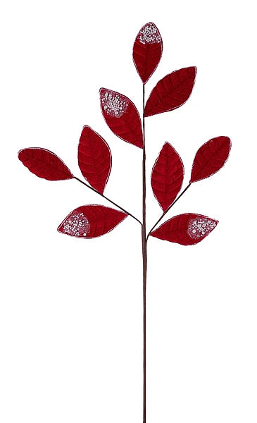 27 Inch Red Pearl Velvet And Glitter Magnolia Leaf Spray
