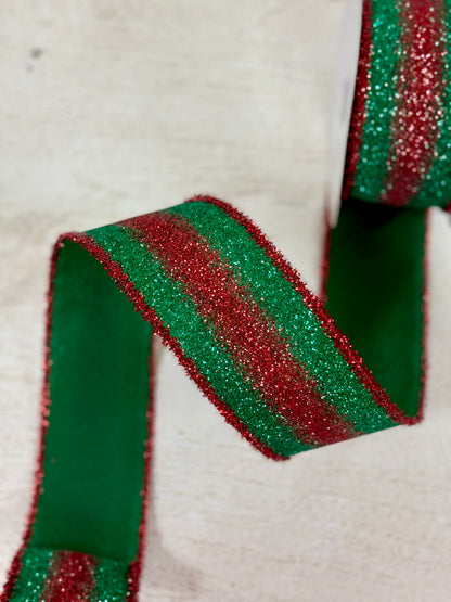 2.5 Inch By 10 Yard Red And Emerald Gradient Glitter Ribbon With Red Tinsel Edging