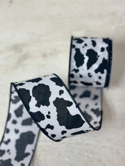 2.5 Inch By 10 Yard Fuzzy Black And White Cow Print Ribbon