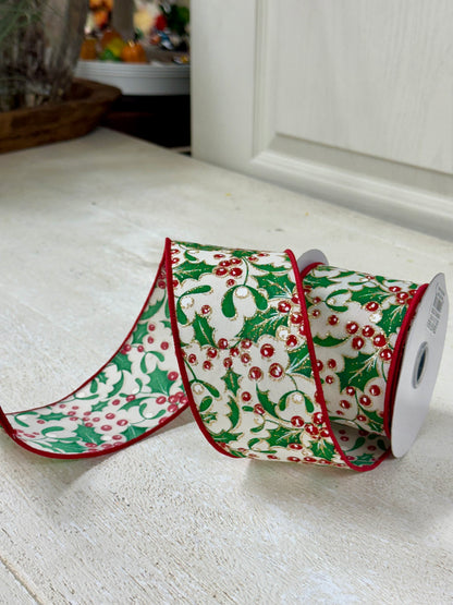 2.5 Inch By 10 Yard Holly Berry And Mistletoe Ribbon