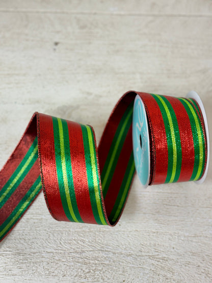 2.5 Inch By 10 Yard Red Emerald Lime Metallic Striped Ribbon