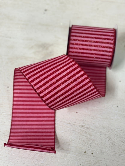 4 Inch By 10 Yard Pink And Red Glitter Striped Ribbon