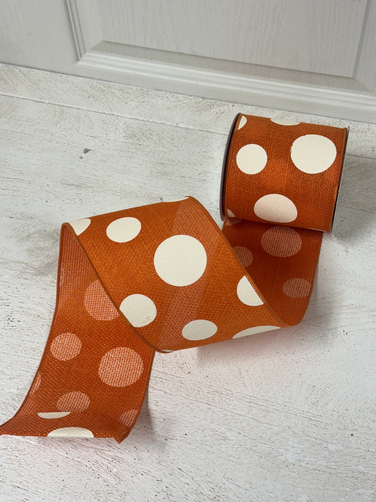 4 Inch By 10 Yard Orange And Ivory Giant Polka Dot Ribbon