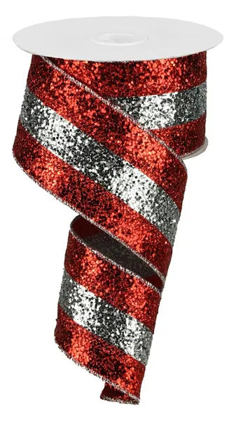 2.5 Inch By 10 Yard Red And Silver Large Glitter Stripe Ribbon