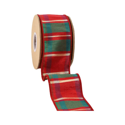 2.5 Inch By 10 Yard Red Green Gold Plaid Check Ribbon