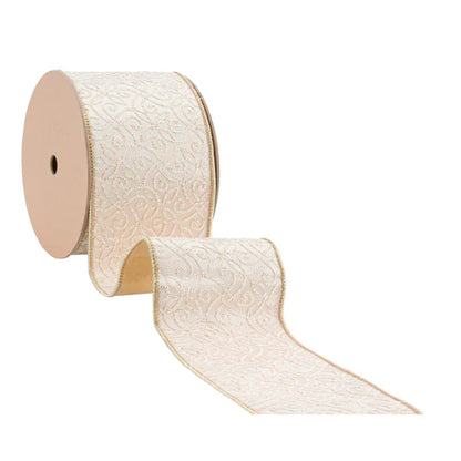 4 Inch By 10 Yard Ivory And Gold Jacquard With Gold Dupioni Fused Backing Ribbon