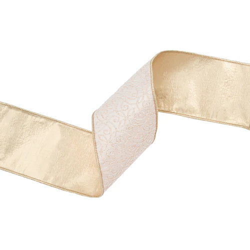 4 Inch By 10 Yard Ivory And Gold Jacquard With Gold Dupioni Fused Backing Ribbon