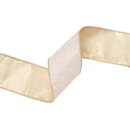4 Inch By 10 Yard Ivory And Gold Jacquard With Gold Dupioni Fused Backing Ribbon