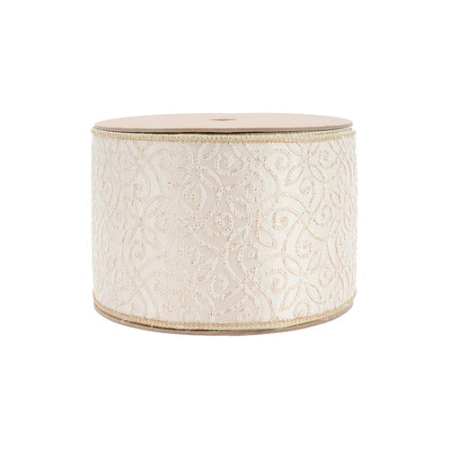 4 Inch By 10 Yard Ivory And Gold Jacquard With Gold Dupioni Fused Backing Ribbon