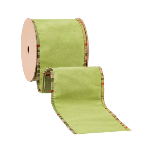 4 Inch By 10 Yard Moss With Moss Plaid Piping Reversible Dupioni Ribbon