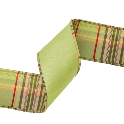 4 Inch By 10 Yard Moss With Moss Plaid Piping Reversible Dupioni Ribbon