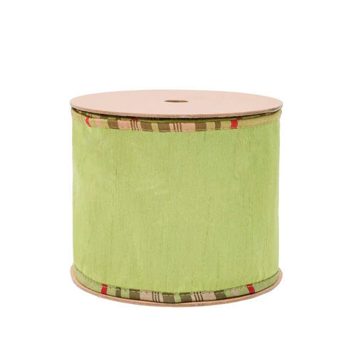 4 Inch By 10 Yard Moss With Moss Plaid Piping Reversible Dupioni Ribbon