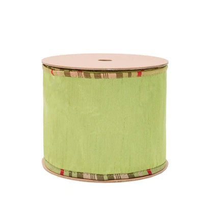 4 Inch By 10 Yard Moss With Moss Plaid Piping Reversible Dupioni Ribbon