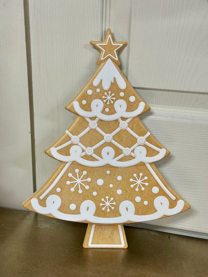 12.5 Inch Tan And White Gingerbread Cookie Tree Metal Sign