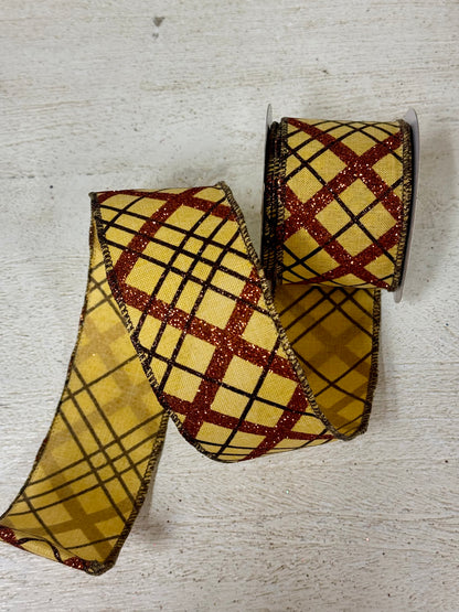 2.5 Inch By 10 Yard Mustard Copper And Brown Glitter Diagonal Plaid Ribbon