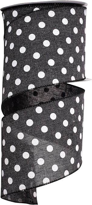 4 Inch By 10 Yard Black And White Polka Dot Linen Ribbon