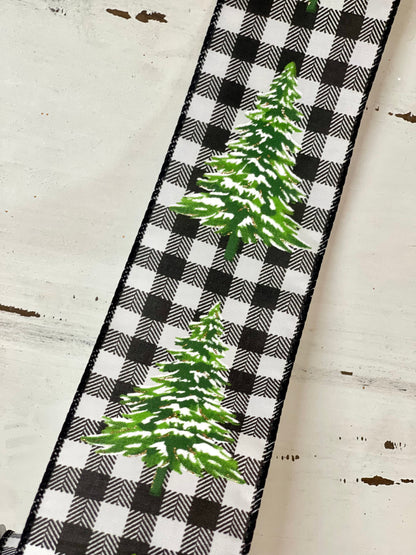 2.5 Inch Ribbon With Black And White buffalo Plaid With Christmas Tree