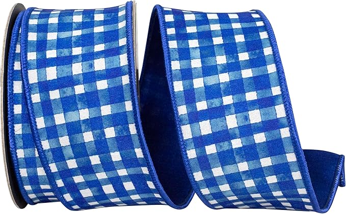 2.5 Inch By 10 Yard Royal Blue Watercolor Check Deluxe Dupioni Backed Wired Edge Ribbon