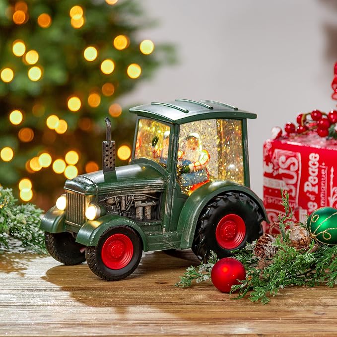 8.75 Inch Lighted Spinning Water Globe Tractor With Holiday Scene And Timer