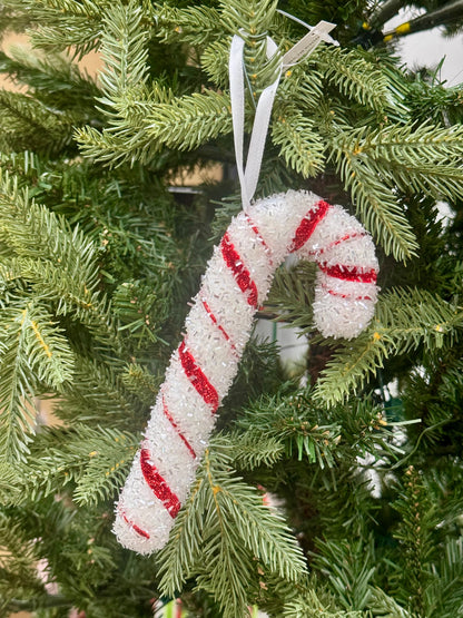 7 Inch Red And White Tinsel Candy Cane Ornament