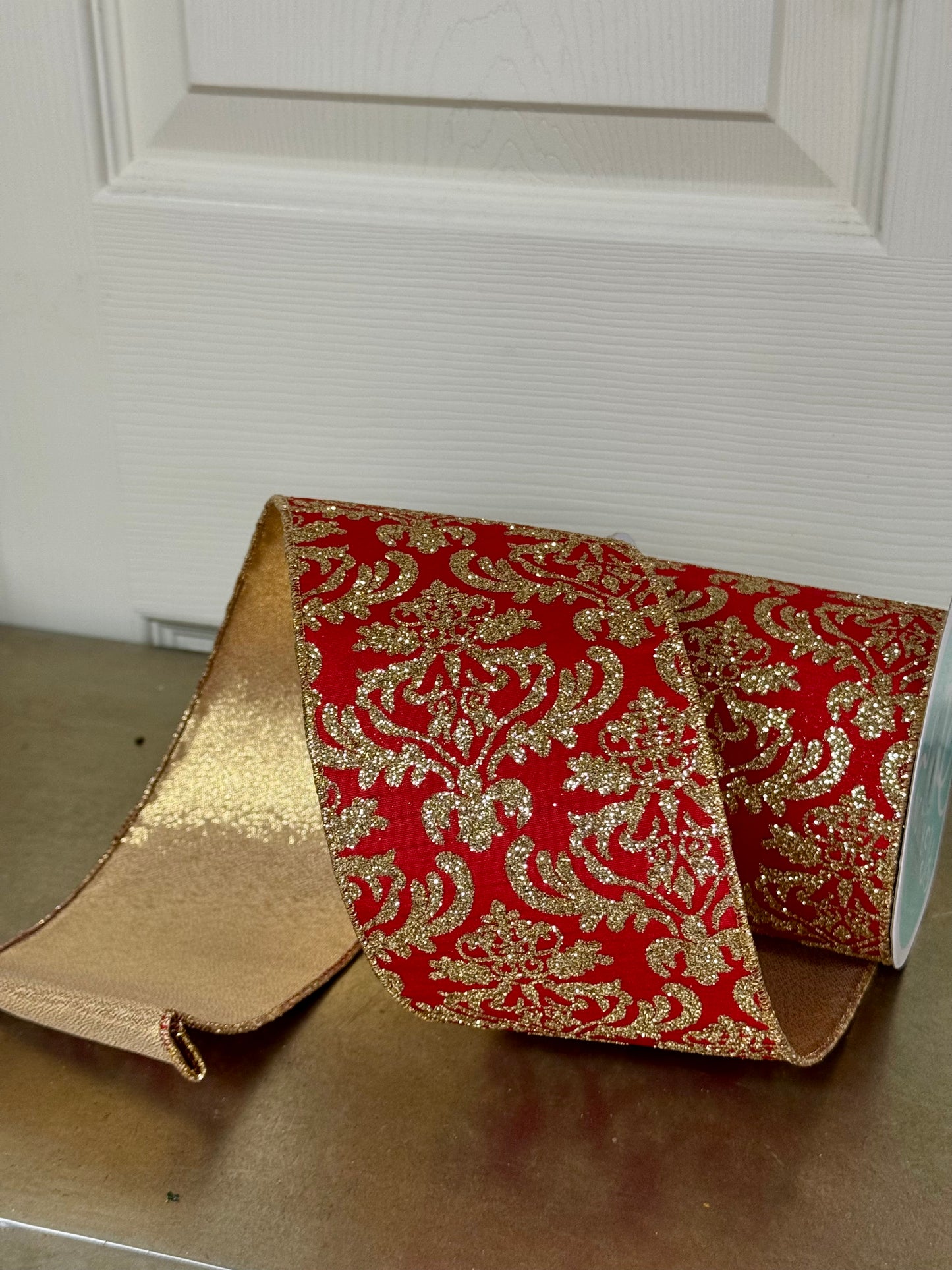 4 Inch By 10 Yard Red And Light Gold Damask Metallic Fused Ribbon