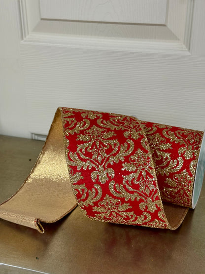 4 Inch By 10 Yard Red And Light Gold Damask Metallic Fused Ribbon