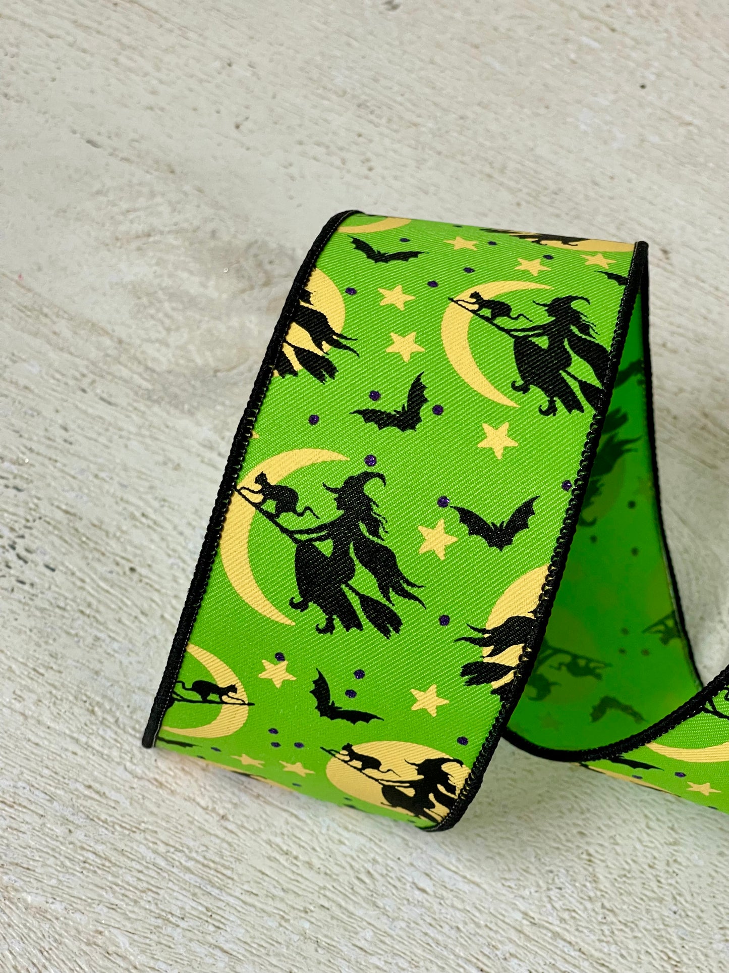 2.5 Inch By 10 Yard Lime Green Witch Flying By Moon Ribbon