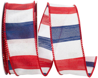1.5 Inch By 10 Yard Red White And Blue American Dupioni Bar Wired Edge Ribbon