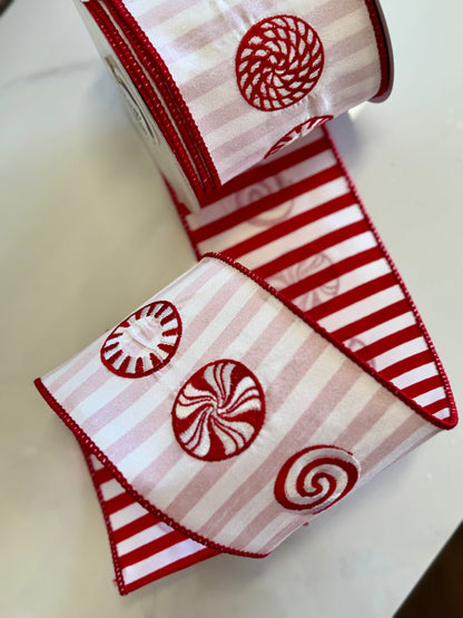 4 Inch By 10 Yard Red And White Peppermint Swirl Ribbon