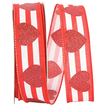 1.5 Inch By 20 Yard Red And White Heart Glitter Stripe Ribbon