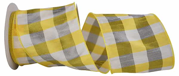 4 Inch By 10 Yard Yellow Gray And White Check Dupioni Ribbon